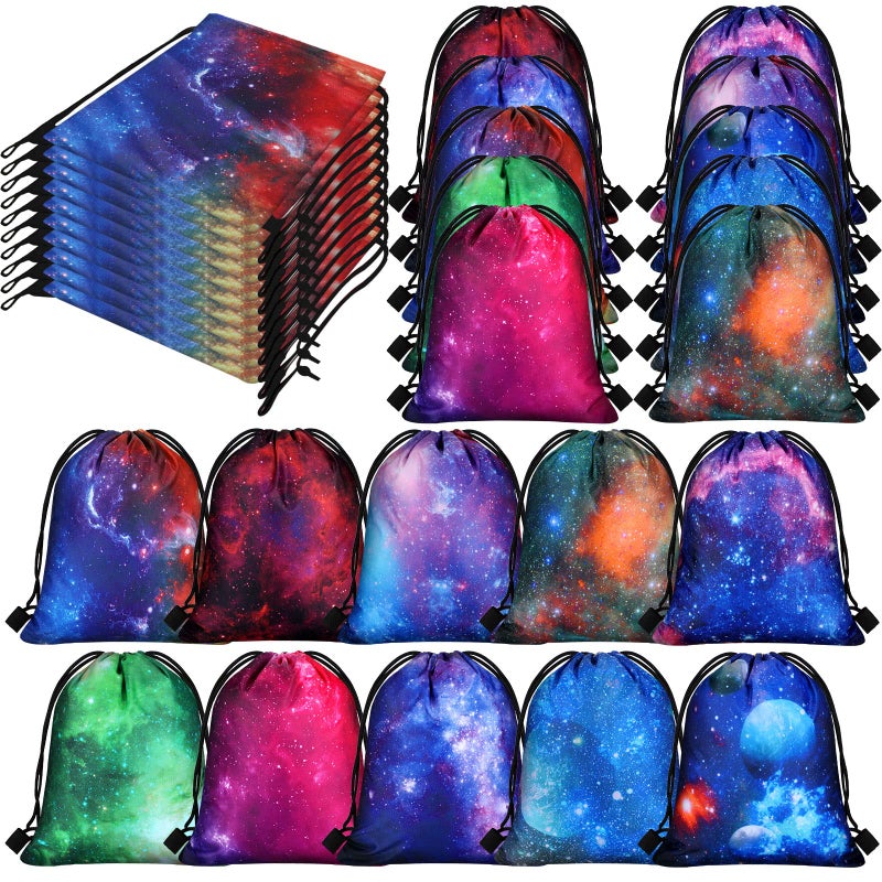 Lothee 30 Pcs Galaxy Party Favor Bags Space Drawstring Bags Starry Night Sky Backpack Galaxy Treat Candy Birthday Party Supplies for Kids Gifts